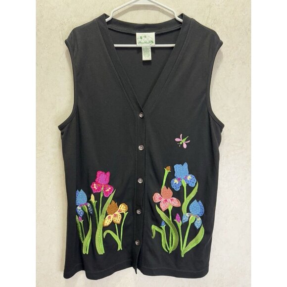 TE QUACKER FACTORY Women's Black Floral Embroidered Vest Grandma Core LARGE - Picture 1 of 7